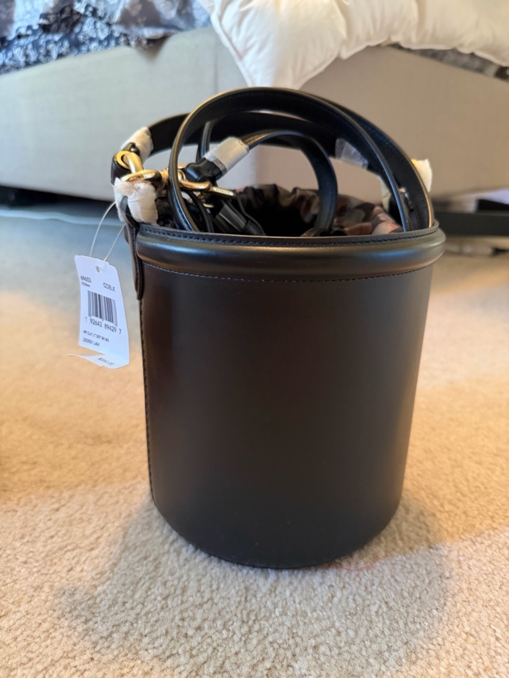 Black Leather Coach Bucket Bag with Top Handle
